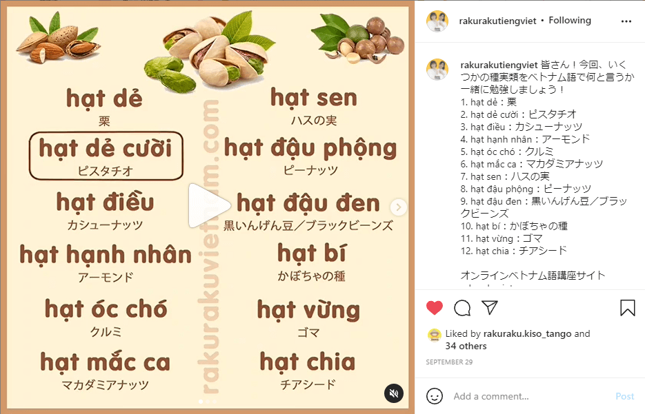 ベトナム語単語 ベトナム語での種実類の名前 動画付き